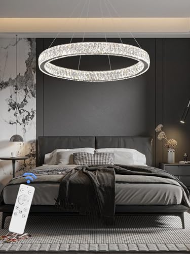 Modern LED Dimmable Crystal Chandelier 31.5" Ring Pendant Light Adjustable Round Chrome Crystal Chandelier Light Fixtures for Dining Room Living Room