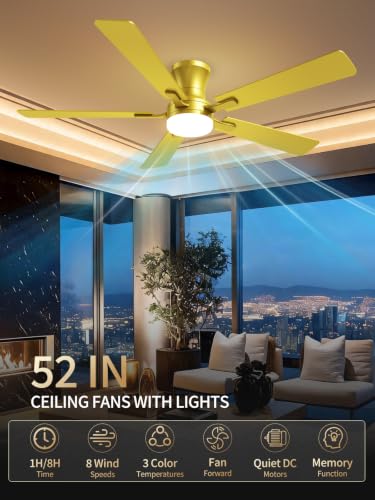 52 Inch Gold Low Profile Ceiling Fan with Light and Remote (Gold / 52 Inch)