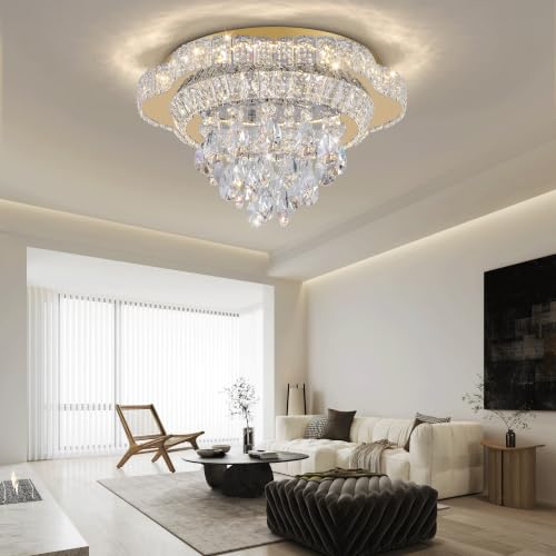 18" Gold Crystal Flush Mount Chandelier Modern LED Ceiling Light Fixture
