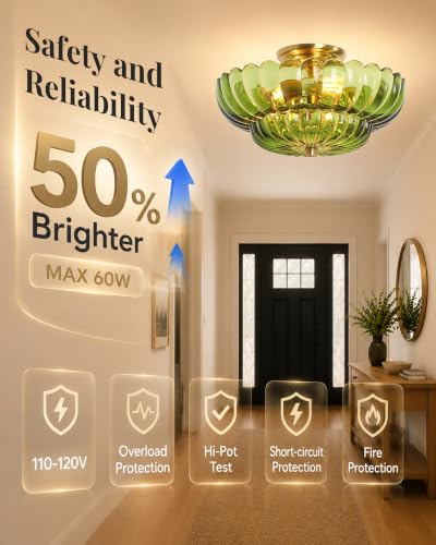 Semi Flush Mount Ceiling Light Fixture 14" Vinatge Gold Ceiling Lights Mid Century Modern Green Glass Close to Ceiling Lighting Fixtures for Bedroom Hallway Kitchen Laundry Room Bathroom