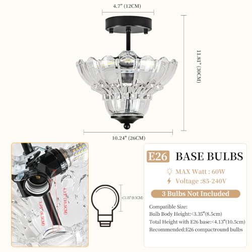 Black Semi Flush Mount Light with Floral Class Shade (Black)