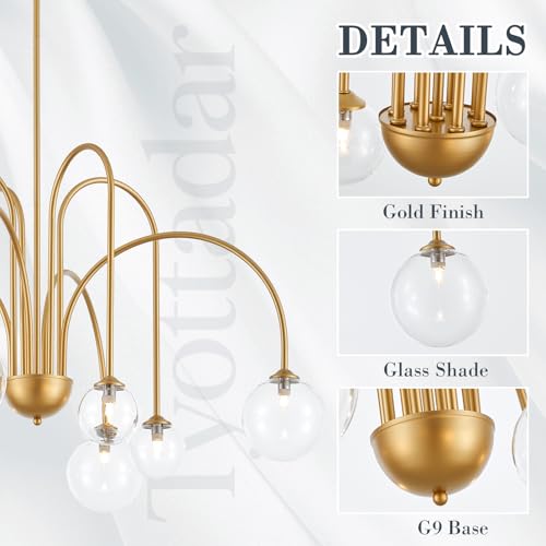 Modern Gold Sputnik Chandelier Light Fixture 8 Lights Luxury Clear Globe Glass Chandeliers Large MId Century Ceiling Pendant Light for Dining Room Foyer Living Room Bedroom
