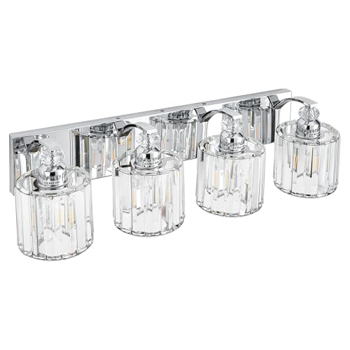 4 Light Modern Bathroom Light Fixture Chrome Vanity Lights Over Mirror Wall Sconce Lighting with K9 Crystal Shades Bathroom Wall Lamp E26 Base for Bedroom