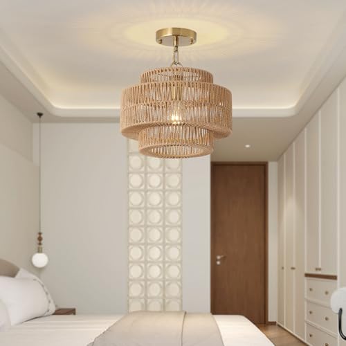 12.4" Boho Rattan Farmhouse Chandeliers for Dining Room