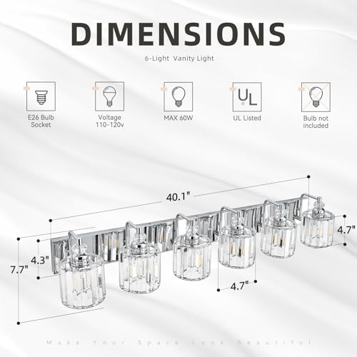 6 Light Modern Bathroom Light Fixture Chrome Bathroom Vanity Lights Over Mirror Wall Sconce Lighting with K9 Crystal Shades E26 Base for Bedroom