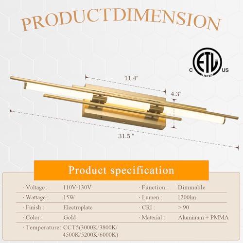 Gold LED Vanity Light 31IN Modern LED Bar Wall Light Over Vanity Mirror Hardwired Picture Light Dimmable Bathroom Wall Mount Lighting 5CCT
