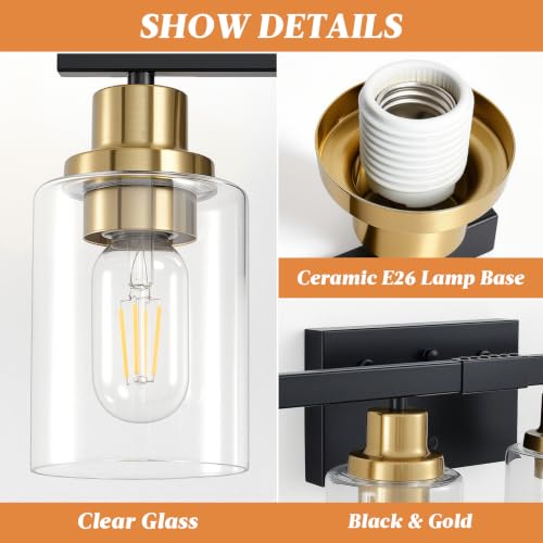 8 Light Bathroom Light Fixture Black and Gold Vanity Lights