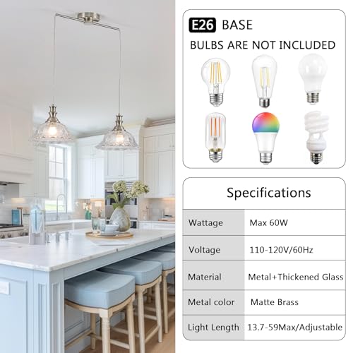 2 Light Pendant Light Fixtures Modern Glass Hanging Lights with Adjustable Cord for Kitchen Island Dining Room Living Room Hallway Brushed Nickel Metal