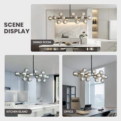16 Lights Mid Century Modern Chandelier Black Linear Chandelier Light Fixtures Glass Globe Sputnik Pendant Light for Dining Room Kitchen Island