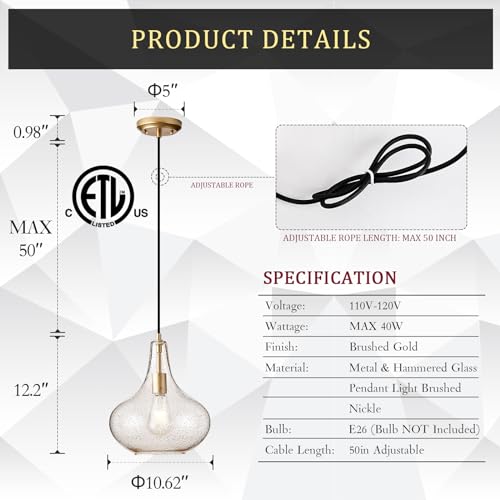 11" Gold Seeded Glass Pendant Light