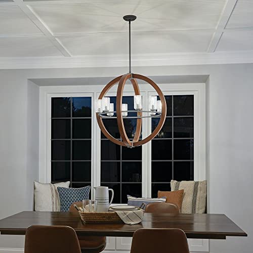 Grand Bank 30" 8 Light Chandelier with Clear Seeded Glass in Auburn Stained Wood and Distressed Black Metal