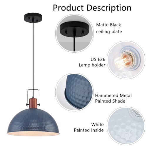16 Inch Blue Pendant Lights Hammered Matte Pendant Lights for Kitchen Island Industrial Farmhouse Adjustable Height Dome Hanging Light Fixtures for Barn