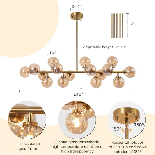 Modern Gold Chandelier Rectangle Pendant Light Ammber Globe Glass Sputnik Chandeliers Hanging Light Fixture 16