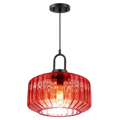 Kitchen Island Pendant Light Fixture Red Glass Hanging Lights with 11" Hand Blown Glass Shade Vintage Modern Ceiling Pendant Lighting Black Metal Finish Dining Room Adjustable Height