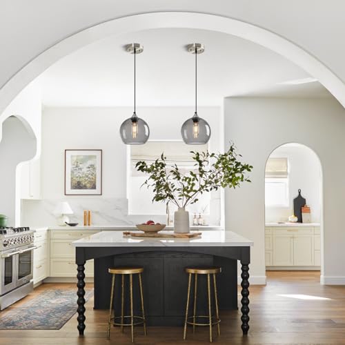 Light Grey Glass Pendant Lights Kitchen Island Lighting Globe Pendant Light Fixtures Modern Pendant Lighting for Bedroom Living Dining Room Light Fixture (3 Count)