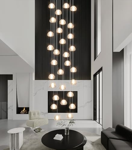 30 Lights Modern Chandeliers for High Ceiling Large Crystal Chandeliers LED Long Handing Light Fixture for Entrance Hallway Foyer Staircase 3000K