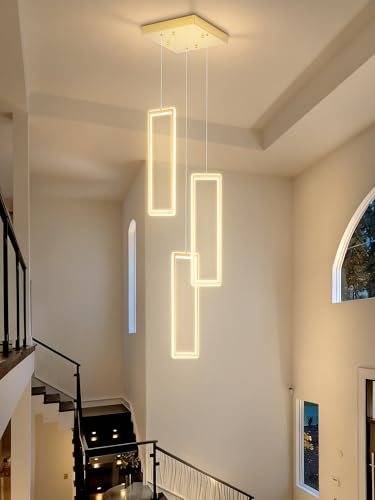 3 Lights Modern Rectangle Chandelier Dimmable Pendant Lighting Adjust LED Staircase Chandelier Hanging Light Fixtures for Kitchen Island Dining Room Entryway Foyer Gold