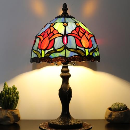 Small Tiffany Table Lamp Stained Glass Memory Lamp Red Tulip Style