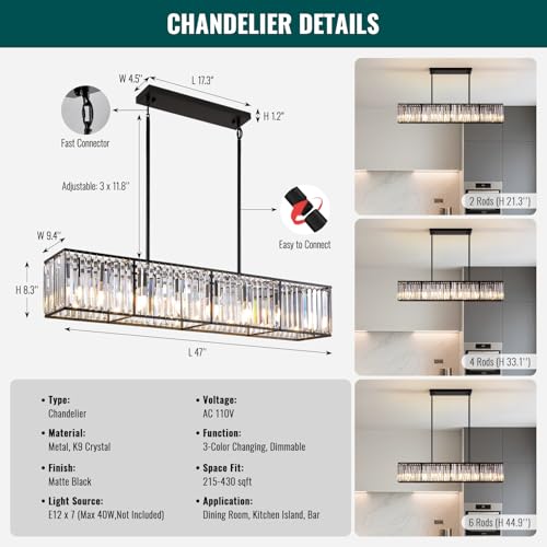 Modern Black Rectangular Crystal Chandelier for Dining Room