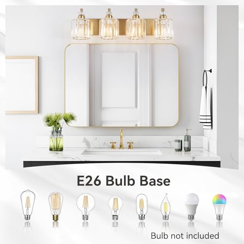 4 Light Modern Vanity Lights Brushed Brass Bathroom Light Fixtures Over Mirror Gold Bathroom Vanity Lighting with Crystal Shade E26 Base Wall Sconce for Bedroom Living Room Restroom Wall Lamp