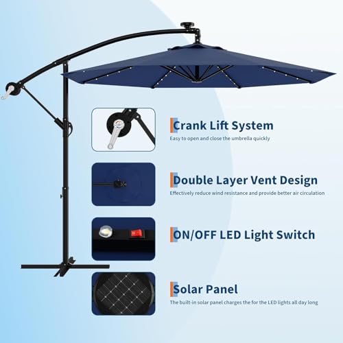 10FT Solar Lights Offset Patio Umbrella with Cross Base