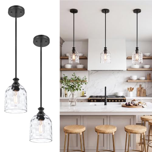 2 Pack Black Hammered Glass Pendant Lights Kitchen Island