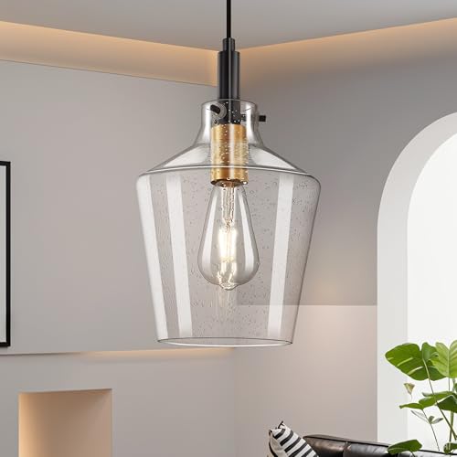 Seeded Glass Pendant Lighting for Kitchen Island 1 Pack Black Gold 8 Inch