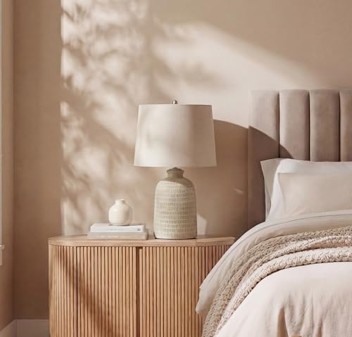 Home 24" Natural Beige Textured Ceramic Table Lamp with Tan Linen Shade