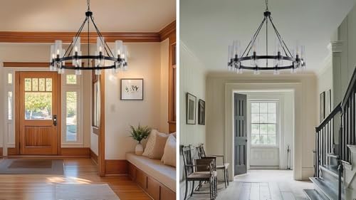 32 Inch Black Wagon Wheel Chandelier with Glass Shade