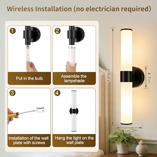 Black Battery Operated Wall Sconces Set of 2 with White Glass Lamp Shade