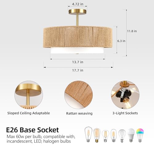 Boho Semi Flush Mount Ceiling Light Rattan Ceiling Light 18" Farmhouse Ceiling Lamp with Natural Hemp Rope Fabric Lampshade for Dining Room Living Room Bedroom Kitchen