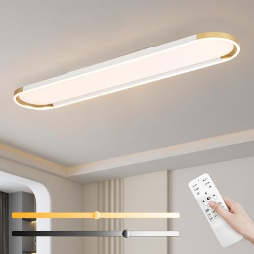 Modern LED Ceiling Light Dimmable Linear Ceiling Light 39.4in Semi Flush Mount Long Lights with Remote Control and Side Lighting for Living Room Kitchen Dining Room White & Gold
