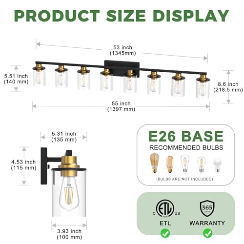 55 Inch 8 Light Black and Gold Bathroom Vanity Light Fixture