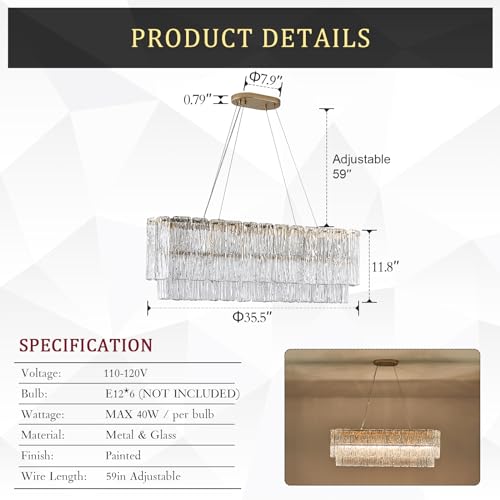 35.5" Rectangle Crystal Glass Chandelier 6