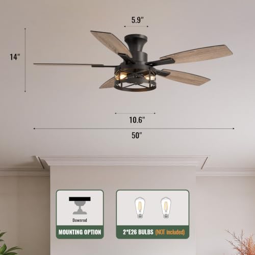 52 Inch Flush Mount Ceiling Fans with Lights and Remote Control (Black - Flush Mount / 52 Inch)