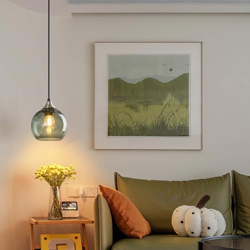 Gray Green Glass Pendant Lights Kitchen Island Lighting Globe Pendant Light Fixtures Modern Pendant Lighting for Kitchen Island Bedroom Living Dining Room Light Fixture