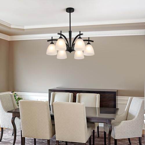 Modern Farmhouse Black Frosted Glass Chandelier Rustic Kitchen Light Fixtures 6 Lights for Dining Room Living Room Foyer Entryway Bedroom UL Listed D25.6 Inches