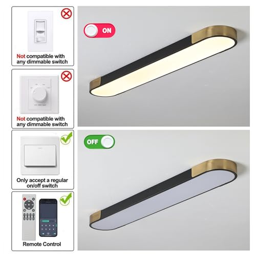 4.59FT LED Flush Mount Kitchen Light Fixtures 65W Dimmable Flush Mount Ceiling Light Fixture Black and Gold Led Ceiling Light Linear LED Ceiling Lamp for Laundry Shop Garage Office