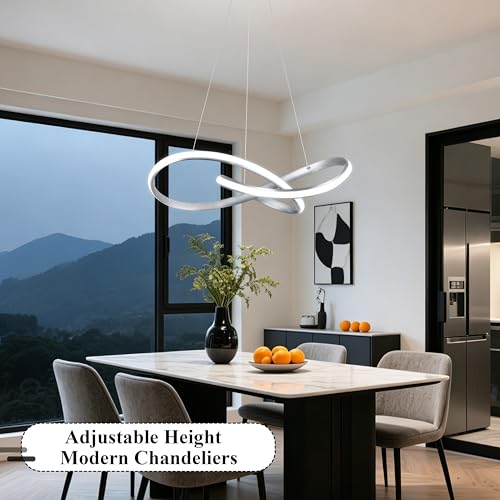30" Nickel Modern LED Chandelier Large Irregular Ring Pendant Lighting Adjustable Hanging Light Fixture Modern Dimmable Remote Control Pendant Lights for Living Room Dining Room Entryway