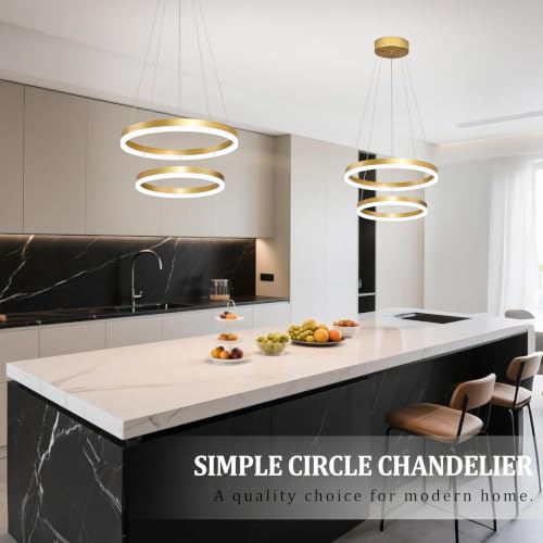 Modern Gold Led Chandelier 2 Rings Dimmable LED Chandeliers with Remote Control Light Fixture for Kitchen Island Height Adjustable Chandelier Led Pendant Light for Living Room Dining Room