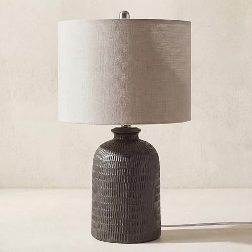 Home 24" Black Textured Ceramic Table Lamp with Tan Linen Shade