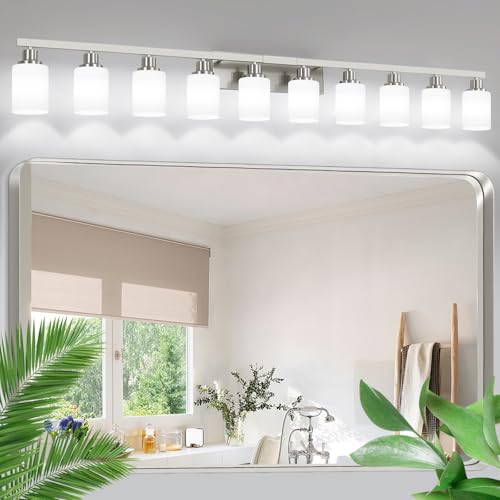 10 Light Bathroom Vanity Light Brushed Nickel 64.5in Vanity Lights