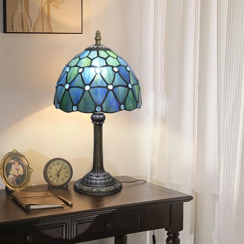 Tiffany Style Stained Glass Table Lamp Blue Small Table Lamp Bedroom Bedside Lamp Living Room Dining Room Office Decoration Desk Lamp Home Decoration Creative Gift Scene Props