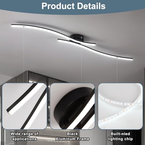 47.24inch Linear Ceiling Light Black Modern LED Ceiling Light Fixture 6000K Aluminum Long Ceiling Lamp for Hallway