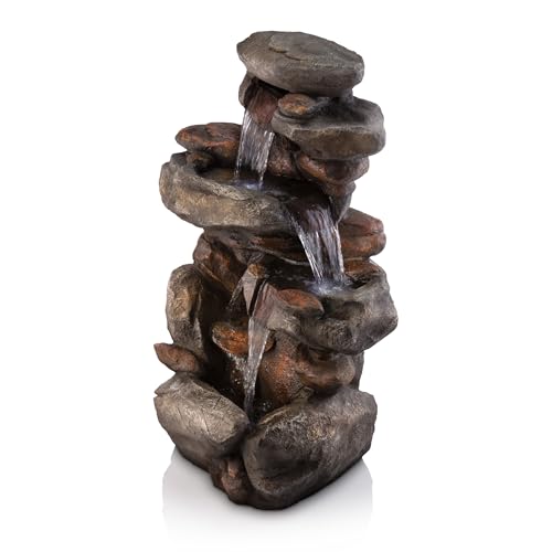 40" 4 Tier Rock Floor Fountain with Cascading Water & White LED Lights
