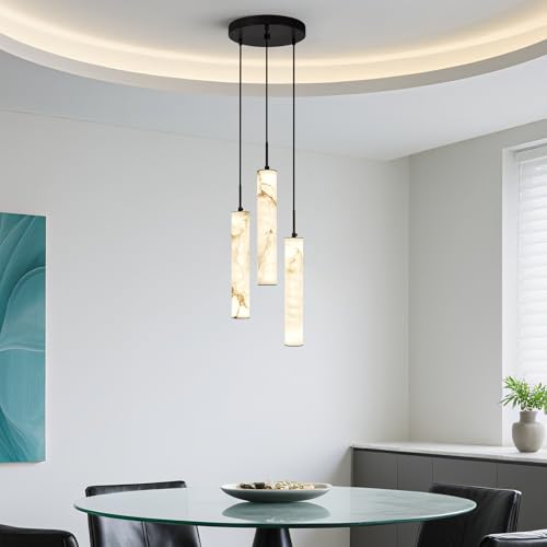 Natural Alabaster Pendant Lights for Kitchen Island White Marble Long Tube Chandelier 4000K Modern Black Ceiling Light Fixtures for Bedroom Dining Room Living Room Hallway