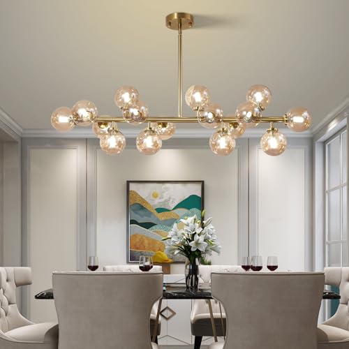 Modern Gold Chandelier Rectangle Pendant Light Ammber Globe Glass Sputnik Chandeliers Hanging Light Fixture 16