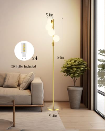 64IN 4 Globe Floor Lamp Dimmable Gold Standing Lamps with 4PCS 3000K Bulbs Warm White (4 Count)