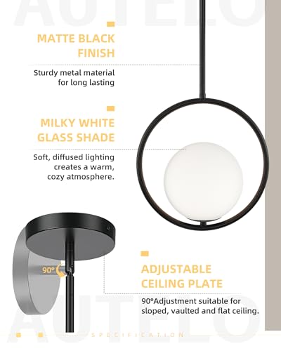 1 Light 10 Inch Matte Black Glass Pendant Lights Kitchen Island