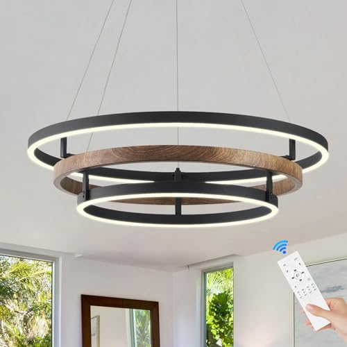 Modern LED Chandelier Black Dimmable 3 Ring Pendant Light for Dining Room